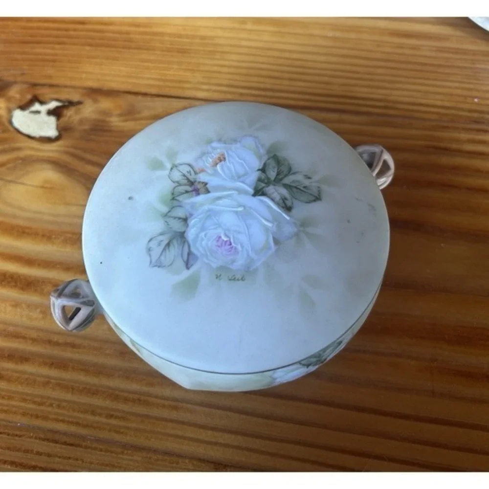 2-PC‎ Antique Bayreuth Bavaria Ivory Vanity Basket & Trinket Dish Artist Signed